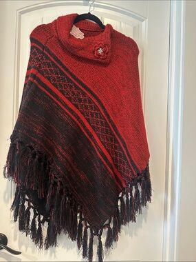 Red & Black Fringed Knit Poncho with Rosette Collar - Brand Gingersnaps